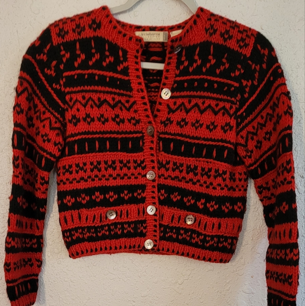 Hand Knit Wool Liz Claiborne Women's Petite Red Vintage Wool Sweater